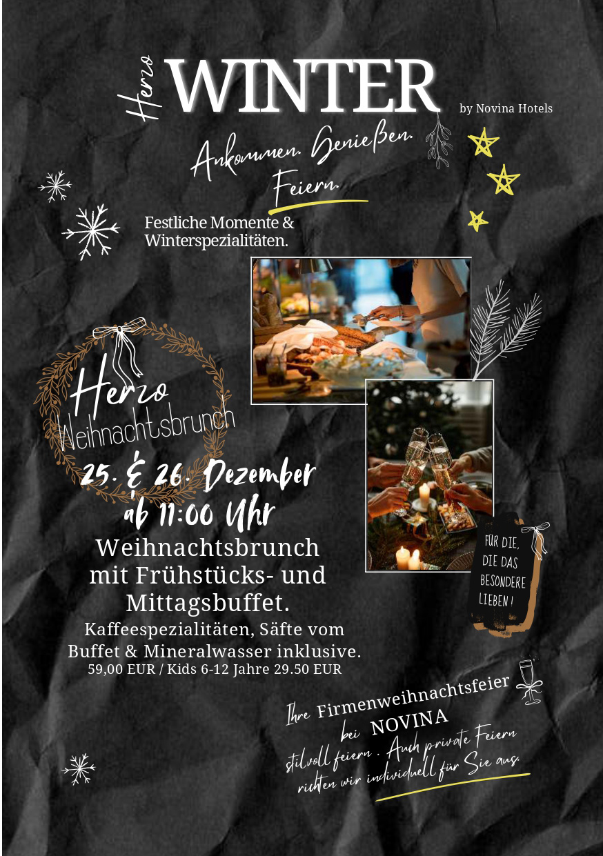 Dunkles Winterposter mit Schriftzug und Fotos von Brunch und Kerzenlicht